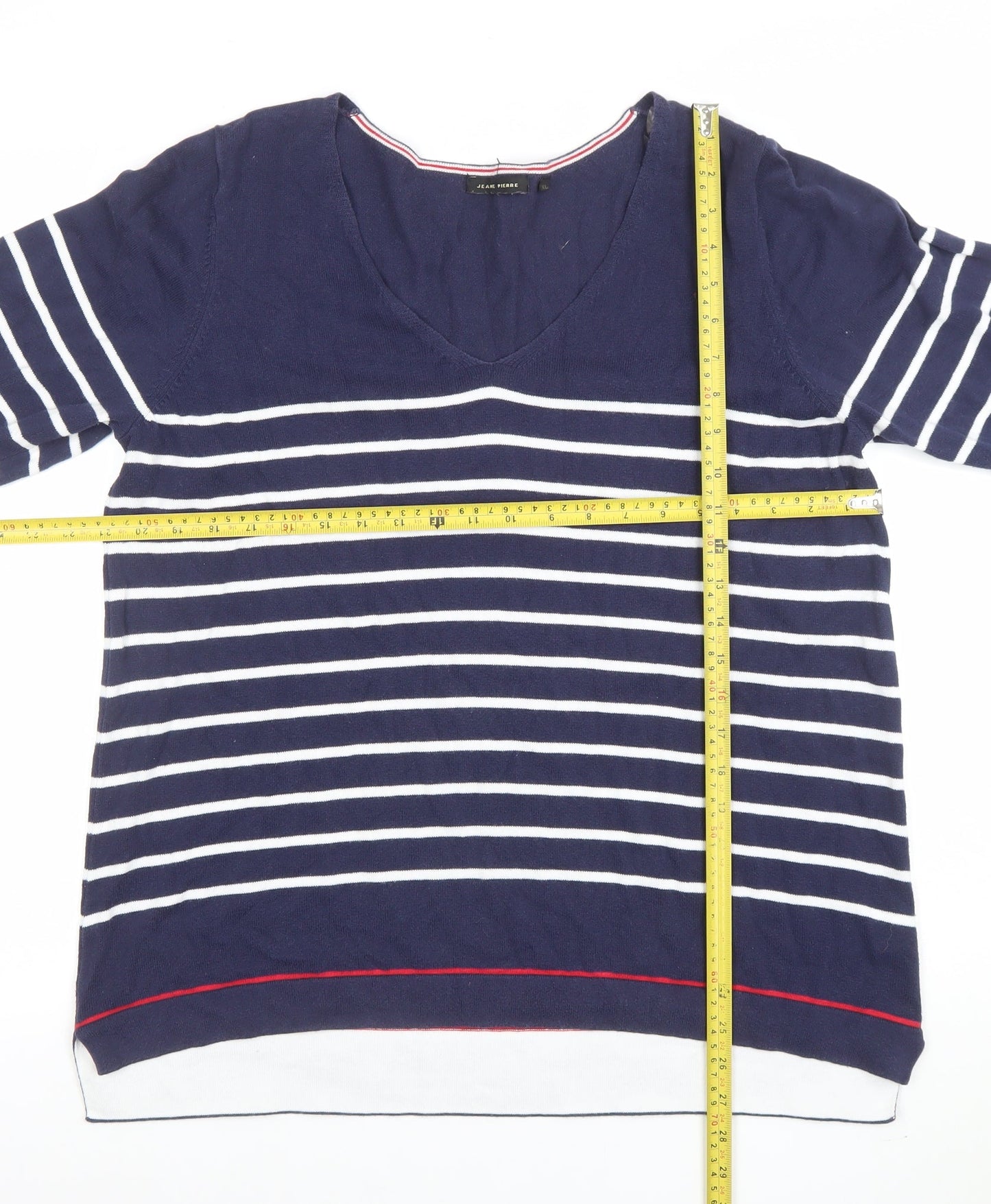 Jeanne Pierre Women Blue Striped V-Neck Cotton Knit Top Size 16