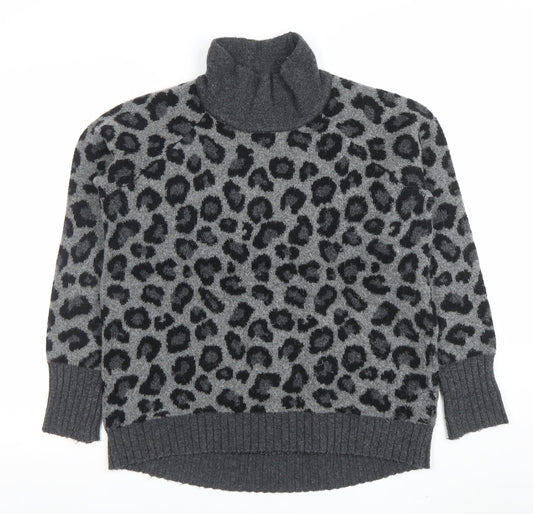Cynthia Rowley Womens Grey Leopard Roll Neck Wool Blend Jumper L
