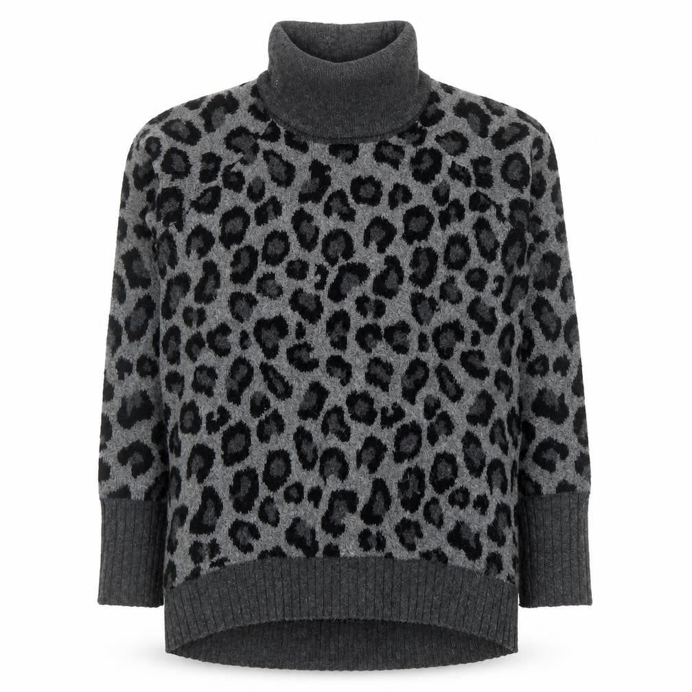 Cynthia Rowley Womens Grey Leopard Roll Neck Wool Blend Jumper L