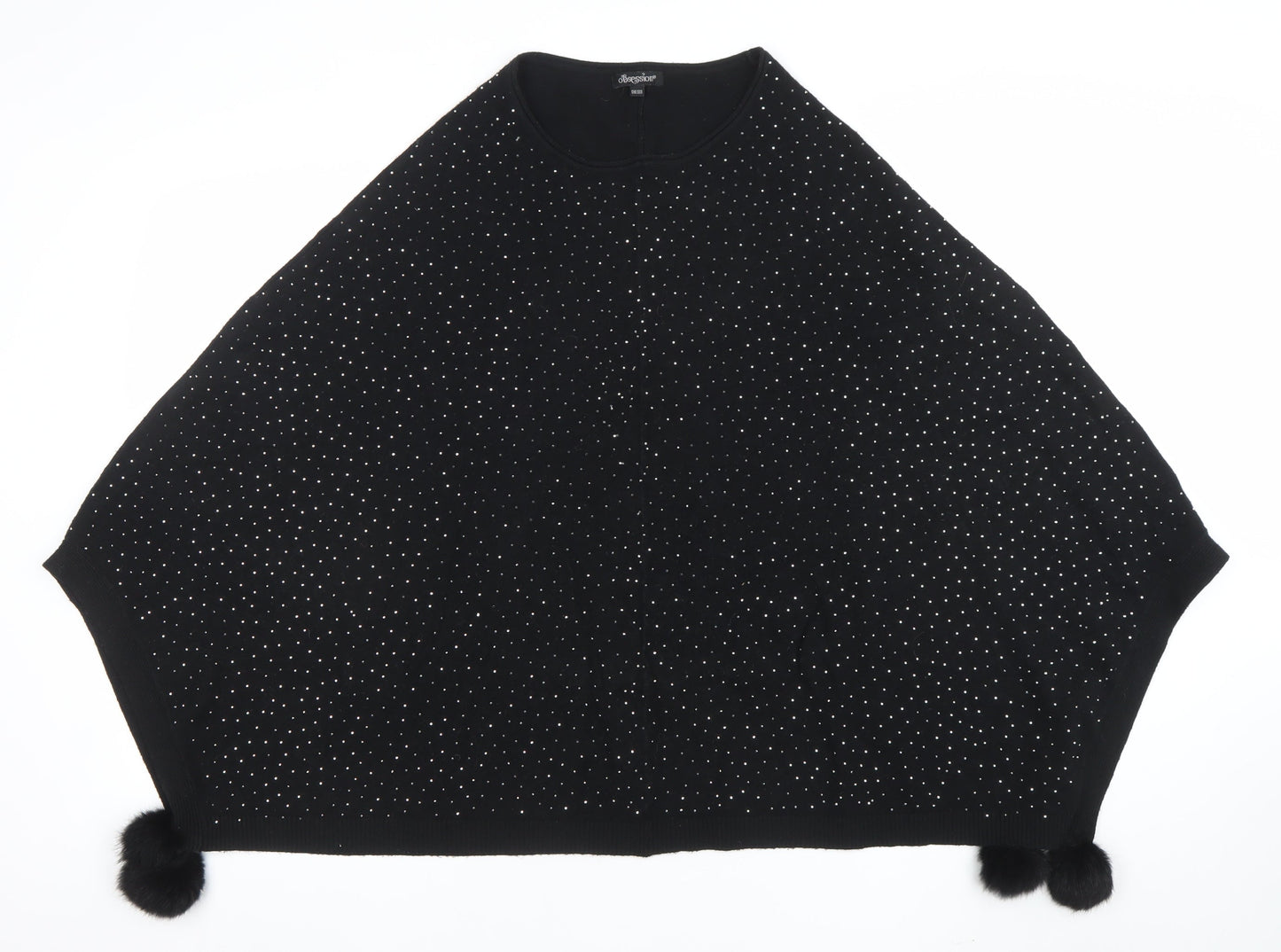 Oberston Womens Black Rhinestone Cape Poncho One Size Knit Jumper
