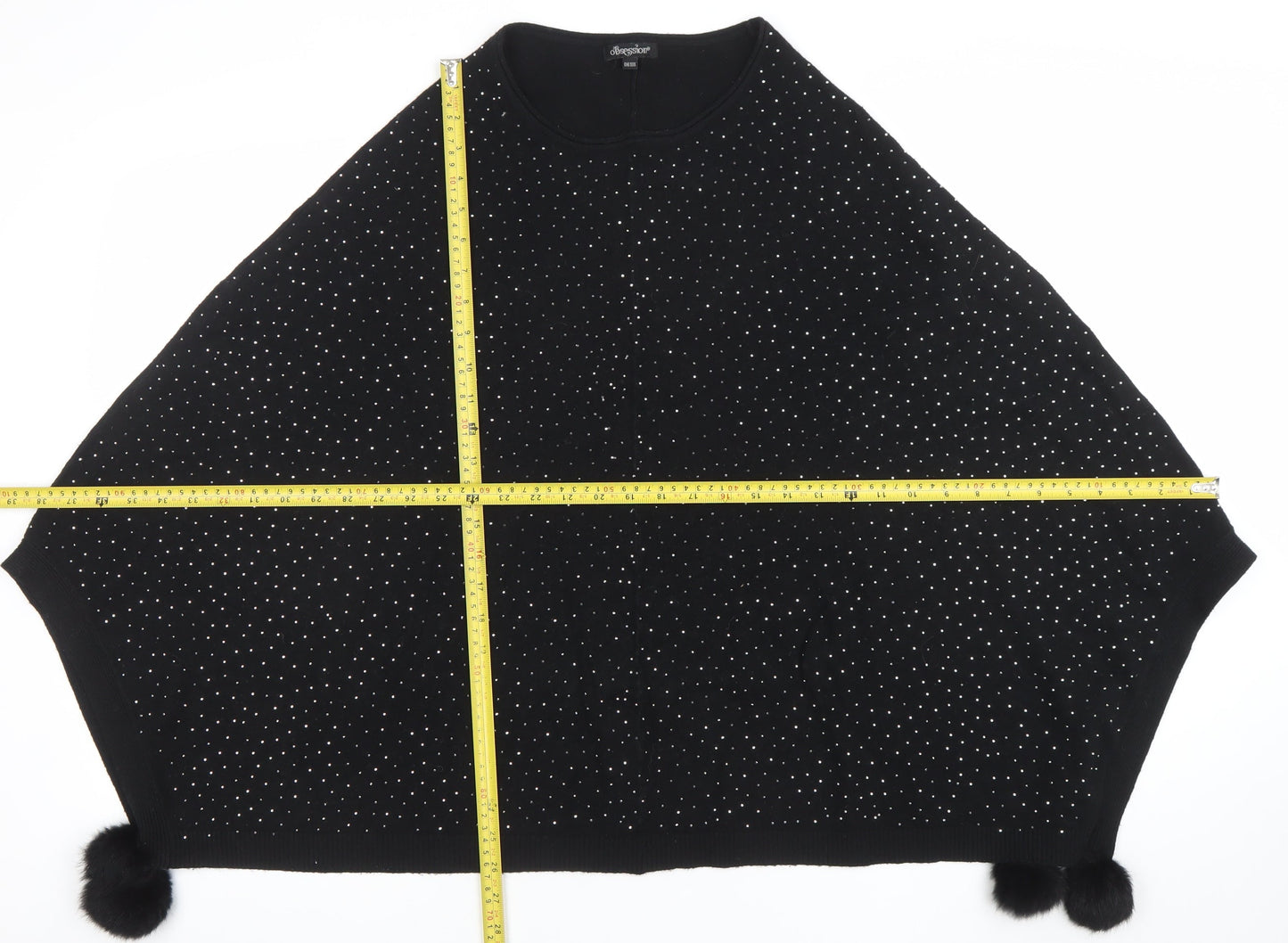 Oberston Womens Black Rhinestone Cape Poncho One Size Knit Jumper