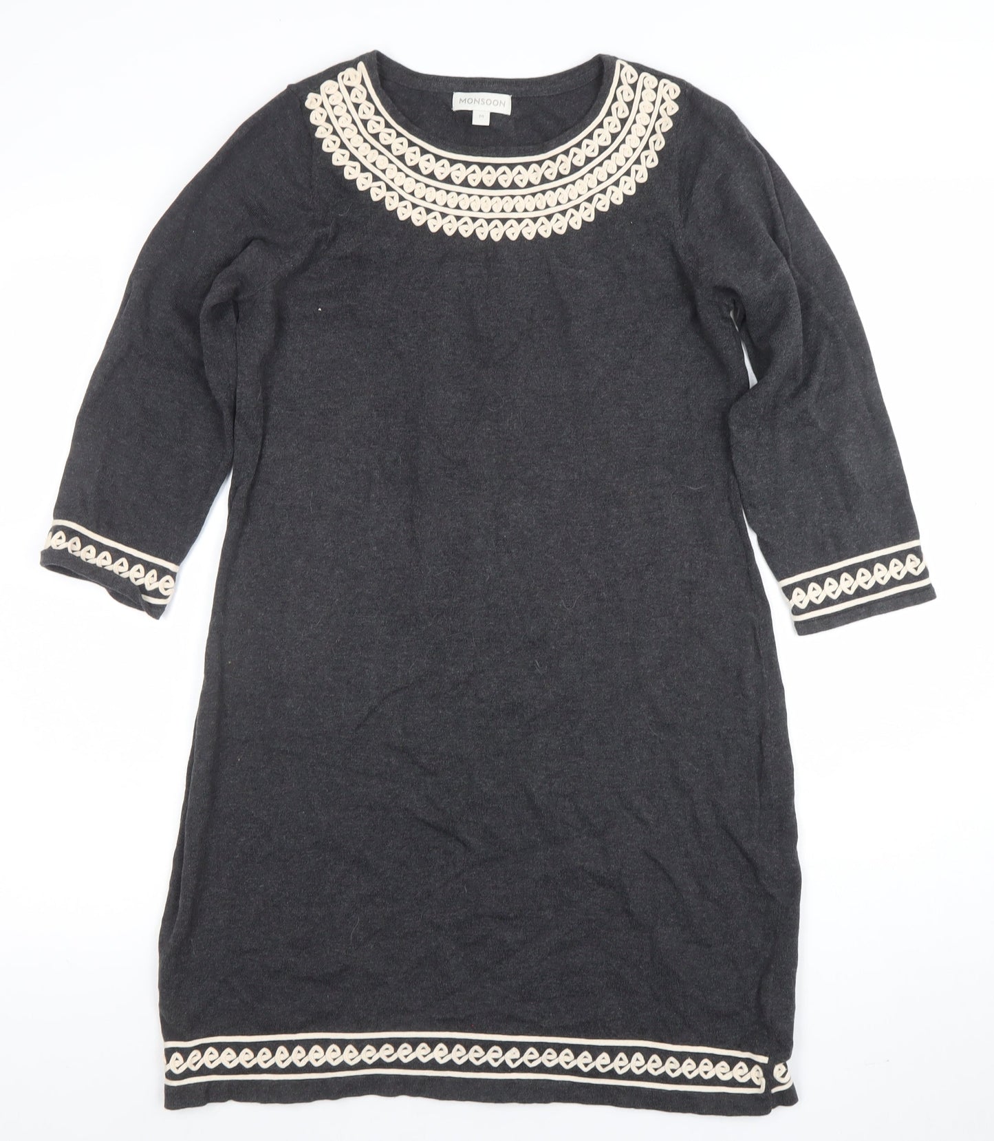 Monsoon Women Grey Embroidered Knit Shift Dress M Knee Length