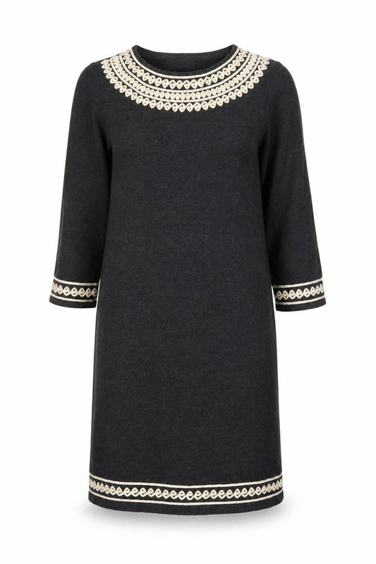 Monsoon Women Grey Embroidered Knit Shift Dress M Knee Length