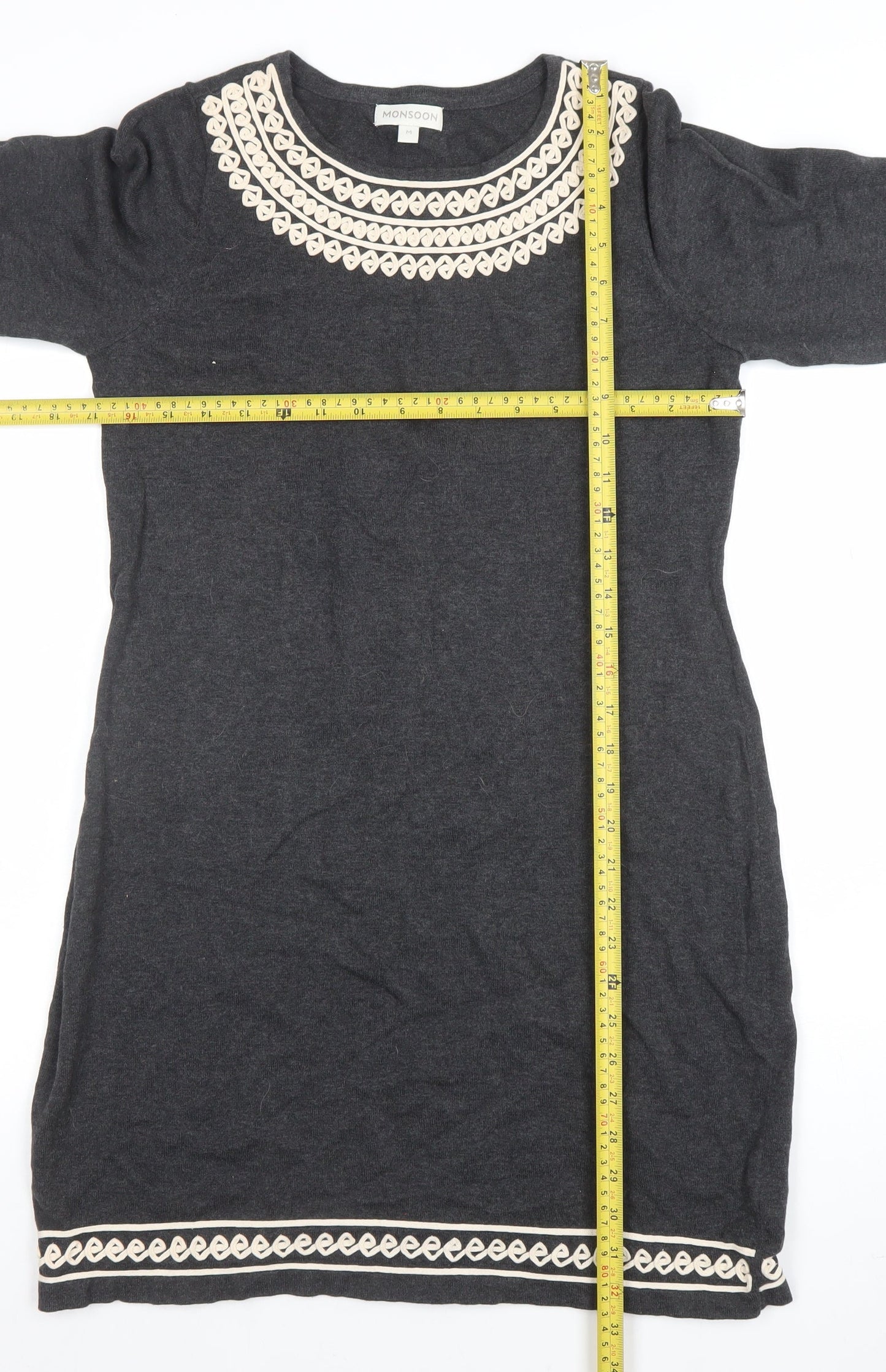 Monsoon Women Grey Embroidered Knit Shift Dress M Knee Length