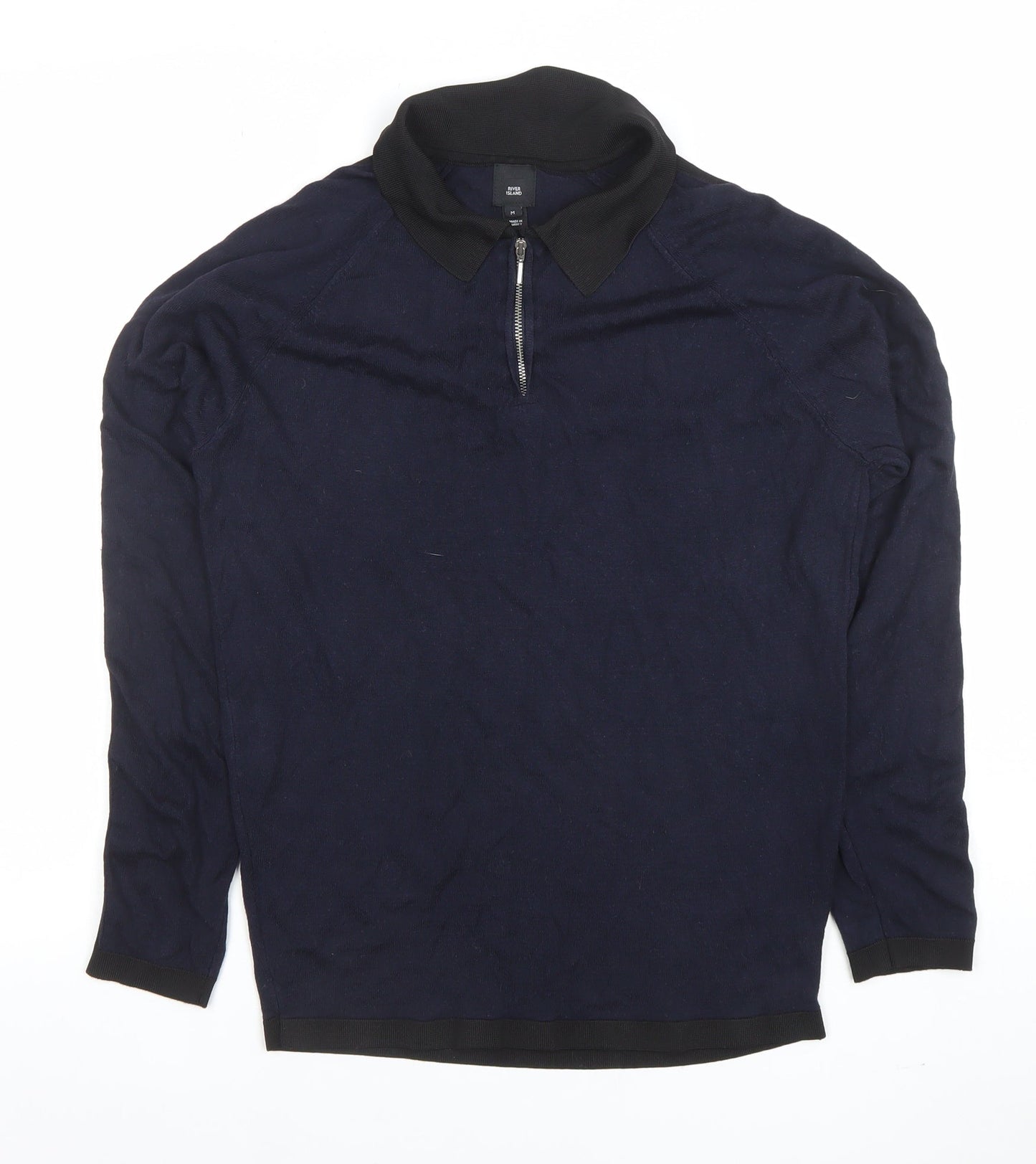 River Island Men's Blue Long Sleeve 1/4 Zip Knit Polo Shirt Size M