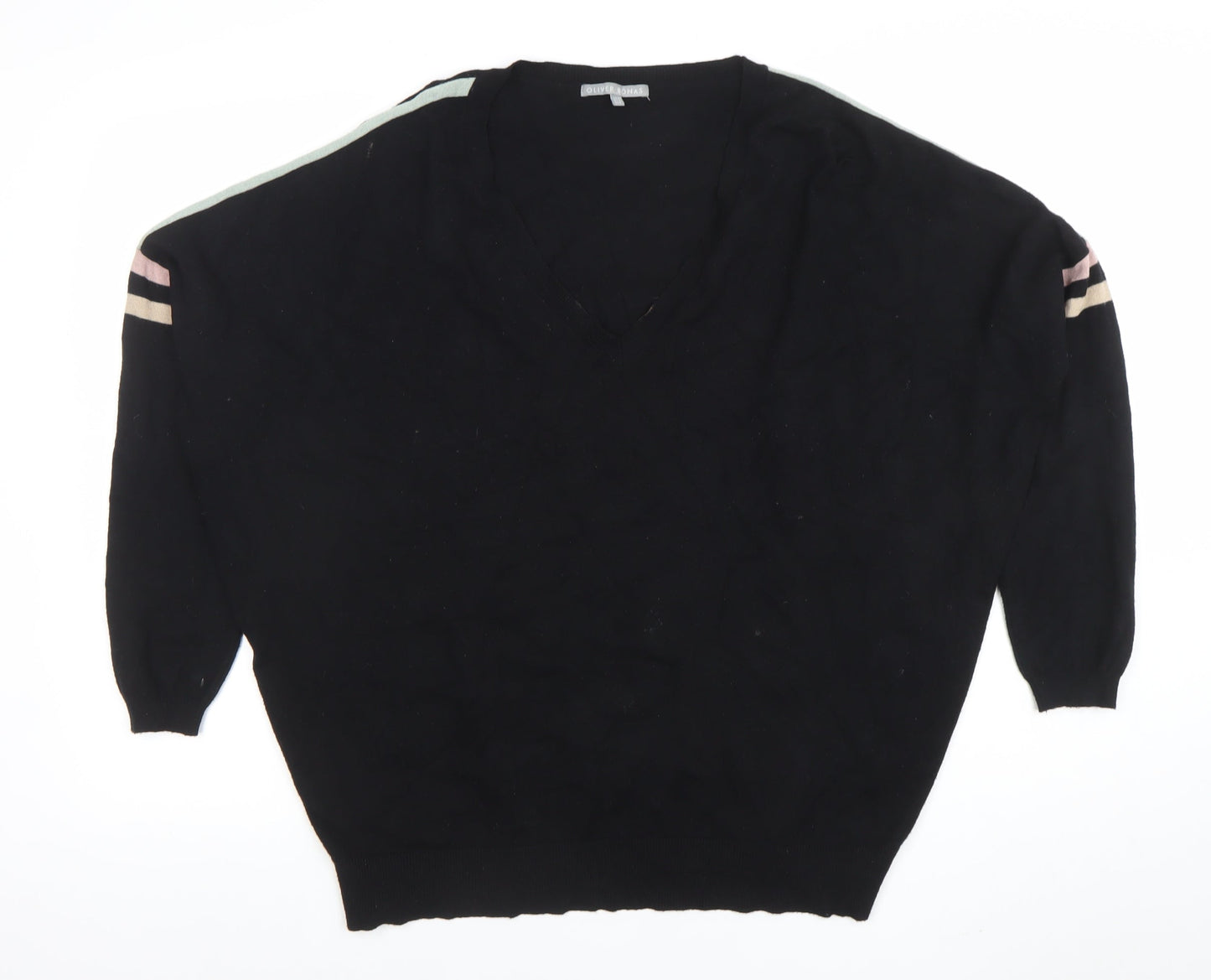 Oliver Bonas Women's Black V-Neck Relaxed 3/4 Sleeve Knit Jumper Size 12