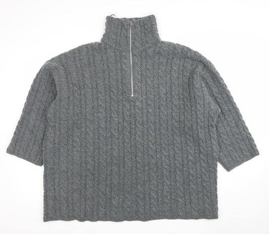 H&M Women’s Grey Wool Blend Cable-Knit Half Zip Jumper Size S