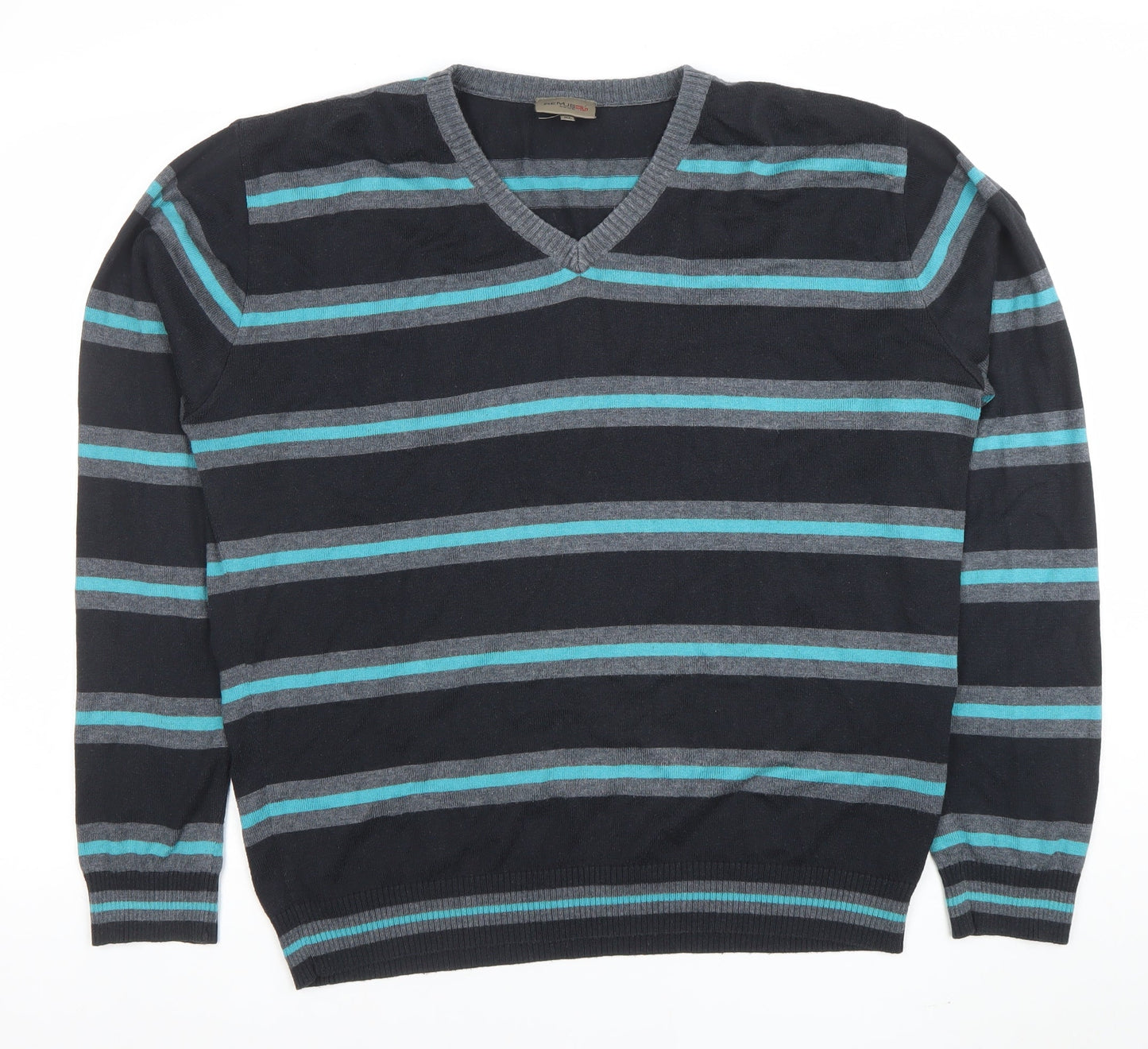 Remus Uomo Men's Blue Striped V-Neck Cotton Blend Jumper XL