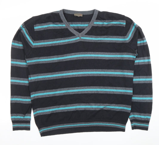 Remus Uomo Men's Blue Striped V-Neck Cotton Blend Jumper XL