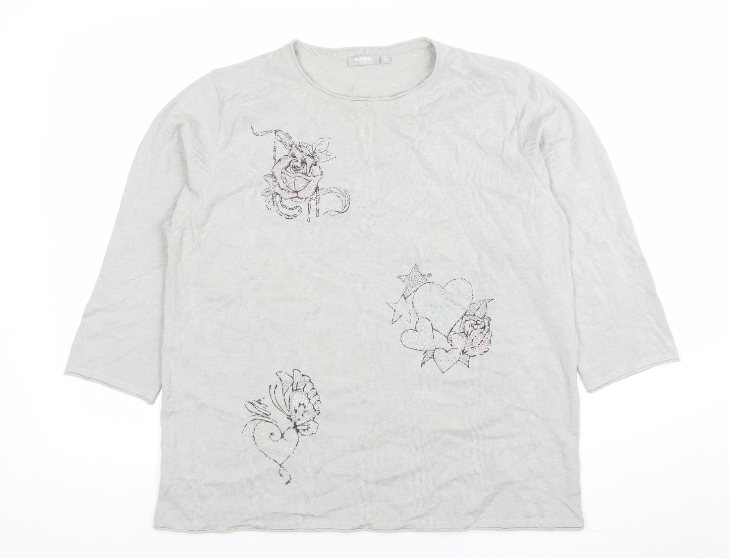Rabe Womens Grey 3/4 Sleeve Embroidered Floral T-Shirt Size 14