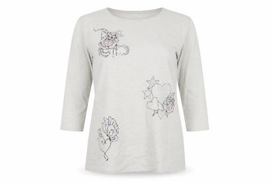 Rabe Womens Grey 3/4 Sleeve Embroidered Floral T-Shirt Size 14