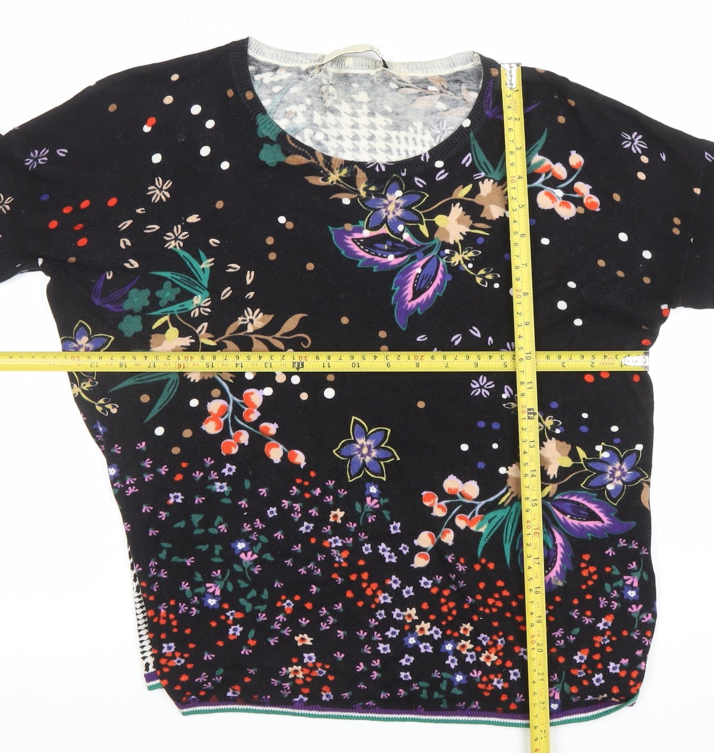 Oui Womens Black Floral Check Long Sleeve Cotton Blouse Size 12