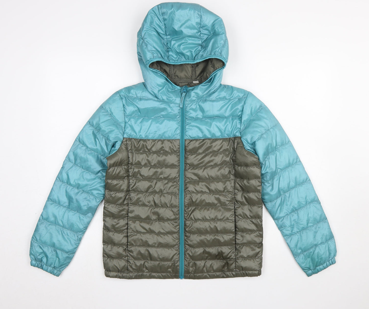 Uniqlo Boys Blue Green Hooded Puffer Jacket 11-12 Years Polyester Down