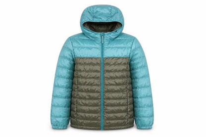 Front view of Uniqlo boys’ blue green hooded puffer jacket 11-12 years polyester down