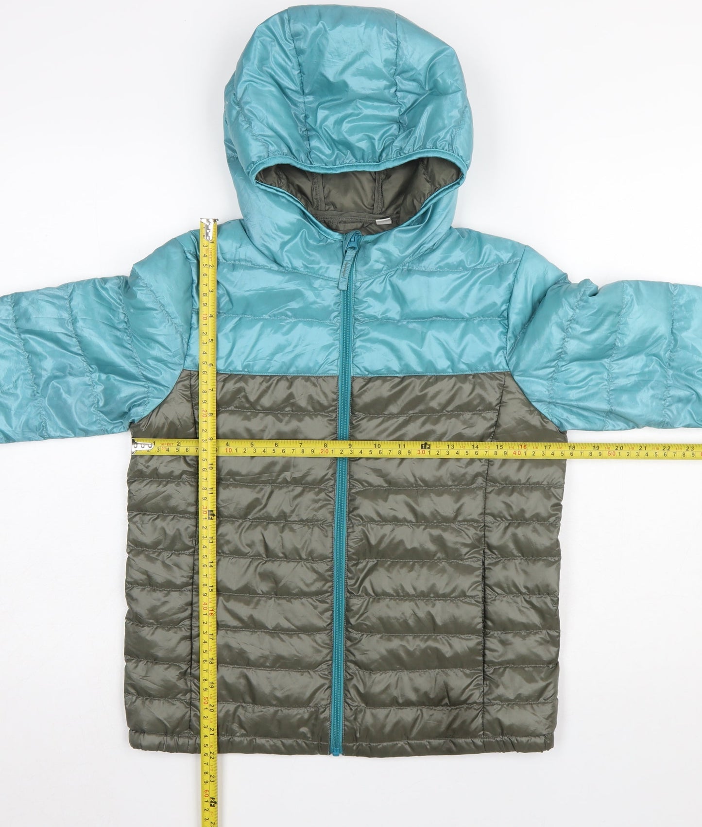 Uniqlo Boys Blue Green Hooded Puffer Jacket 11-12 Years Polyester Down