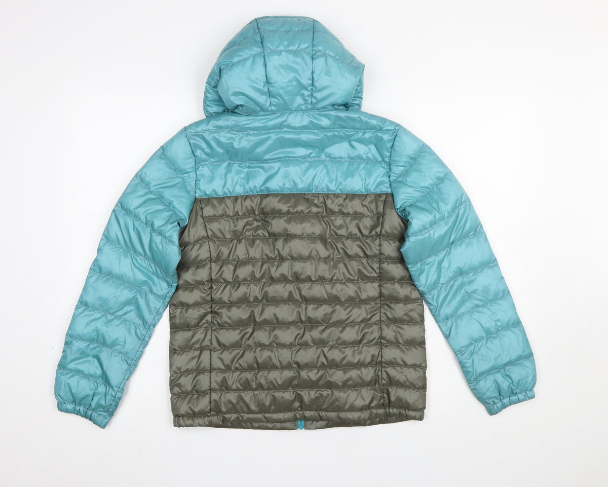 Uniqlo Boys Blue Green Hooded Puffer Jacket 11-12 Years Polyester Down