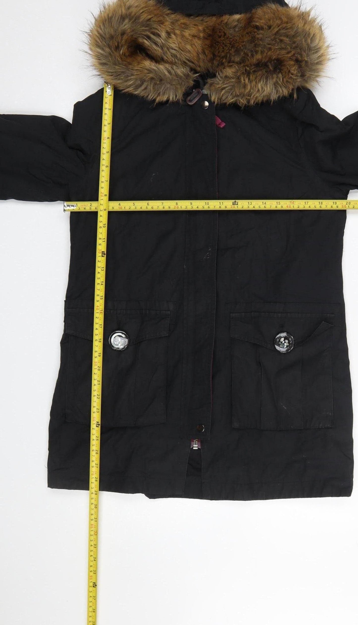 Boden Women Black Faux Fur Hooded Parka Coat Size 10