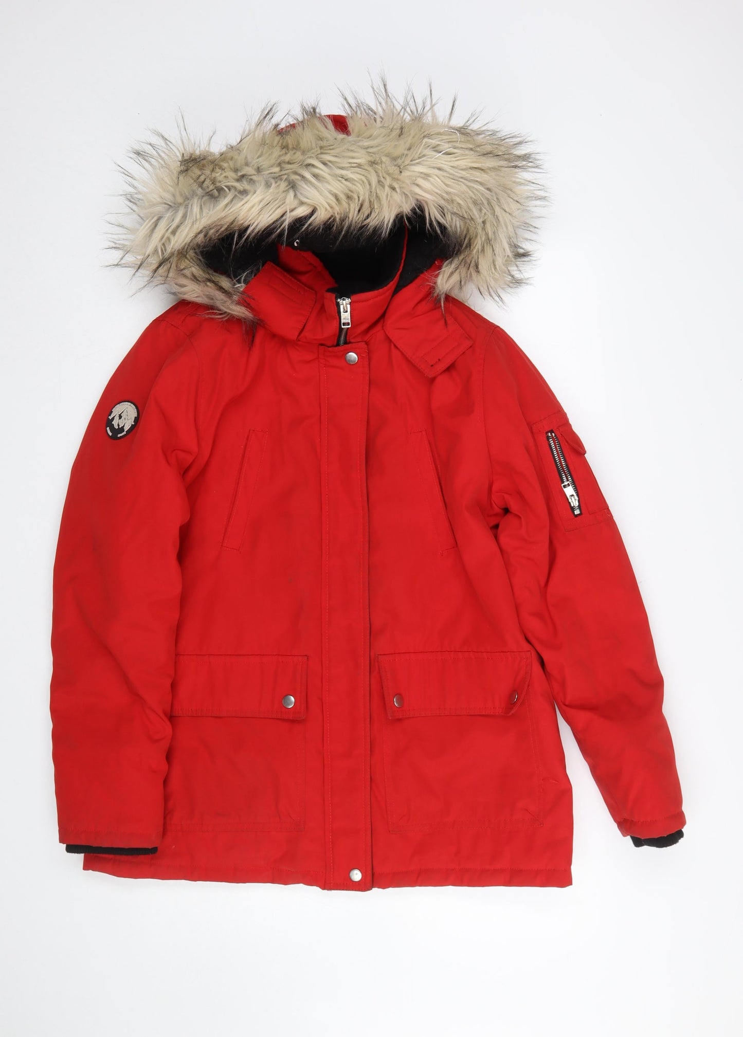 New Look Women's Red Faux Fur Hooded Parka Coat Size 12