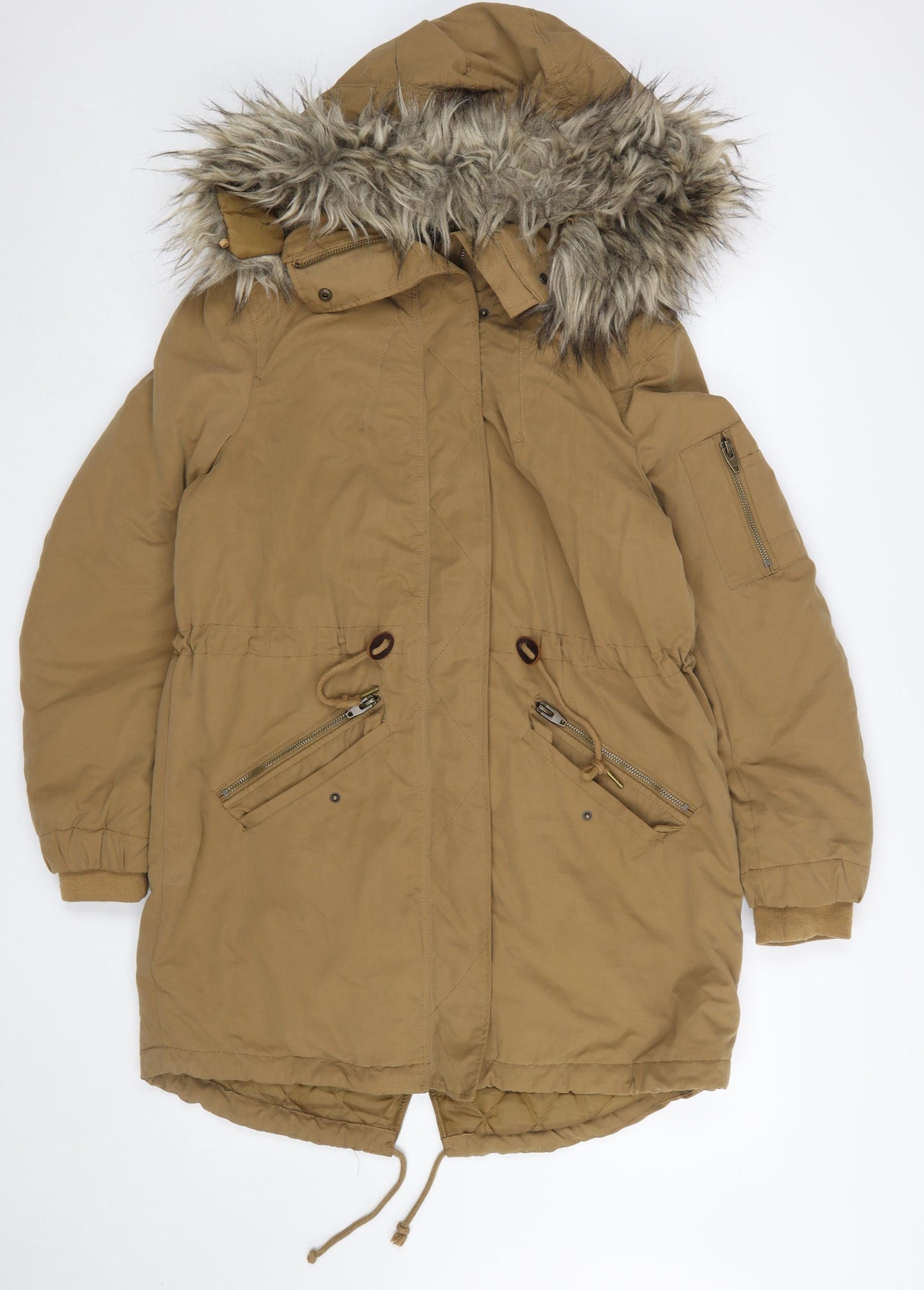 H&M Divided Women Brown Faux Fur Hooded Parka Coat Size 14