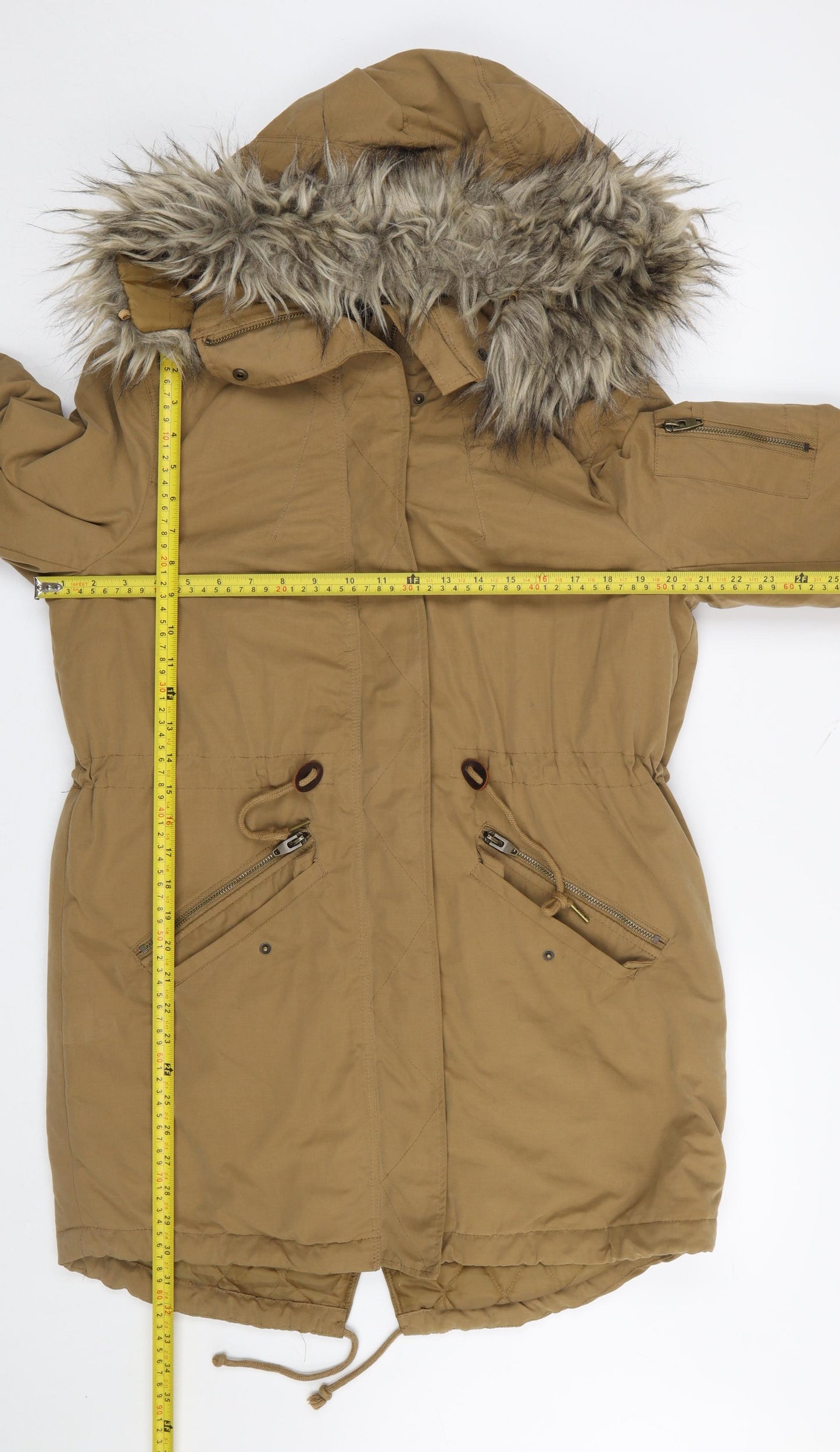 H&M Divided Women Brown Faux Fur Hooded Parka Coat Size 14