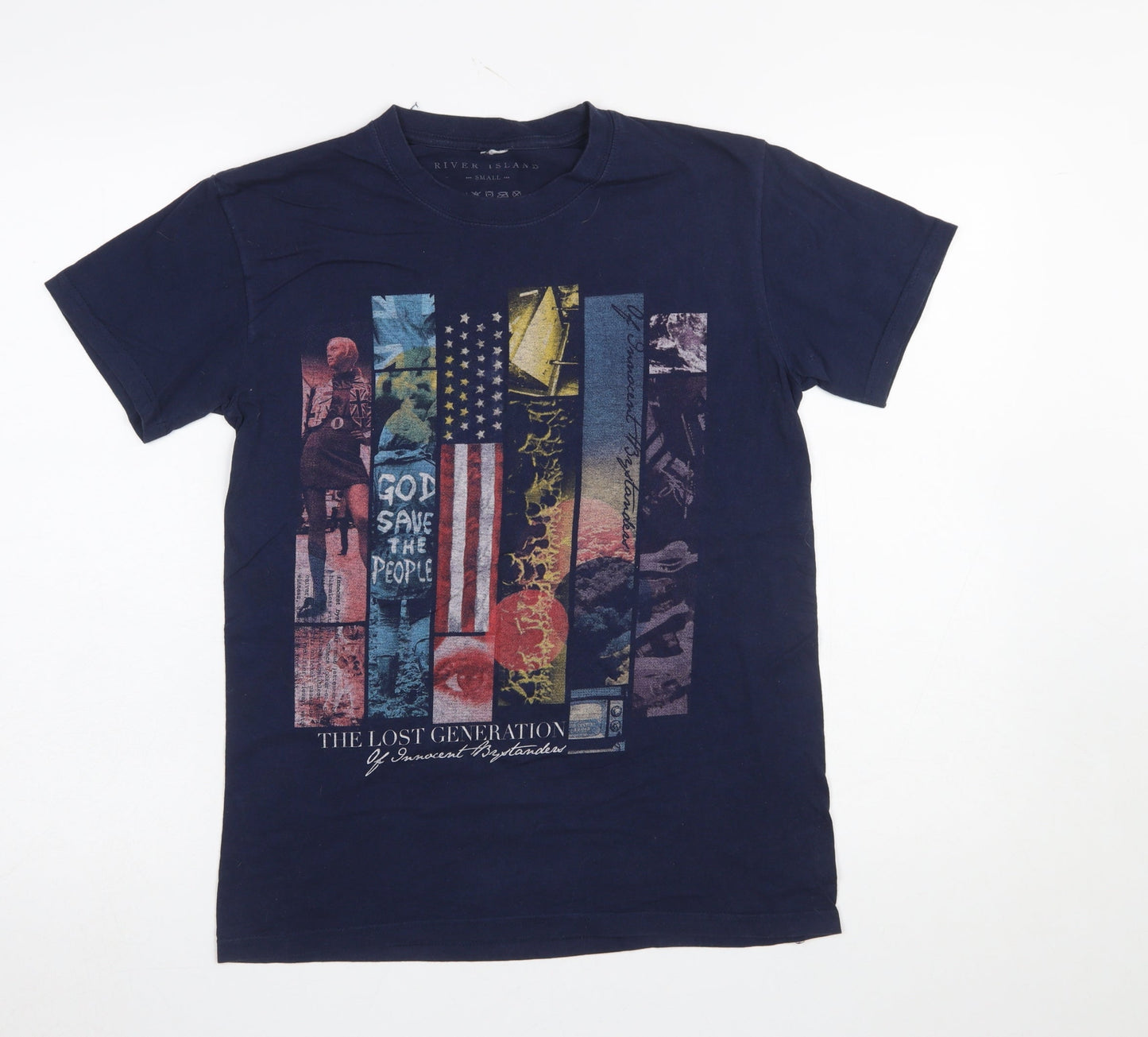 River Island Men's Navy Graphic Print Cotton T-Shirt Small