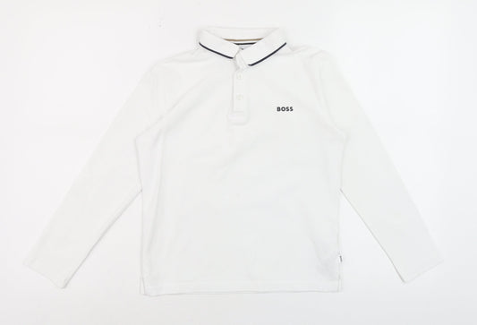 BOSS Boys White Long Sleeve Polo Shirt 10 Years Cotton Casual Top