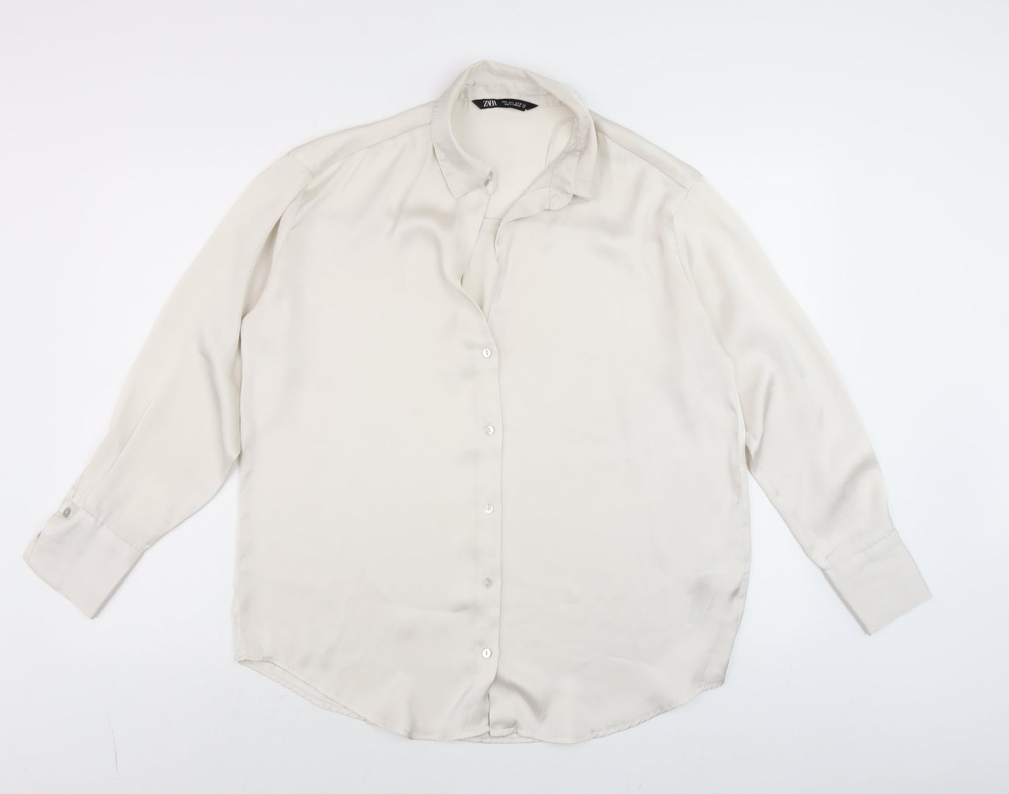 Zara Women Ivory Button-Up Long Sleeve Woven Blouse Size S