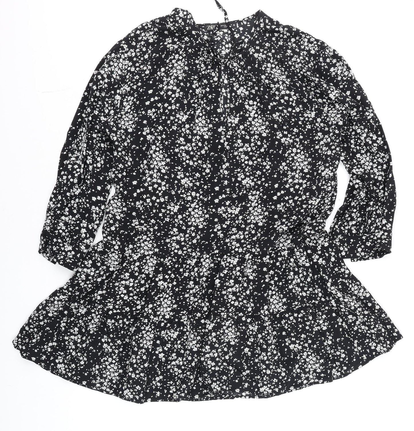 Zara Women Black Floral Tunic Blouse Size 12 with 3/4 Sleeves