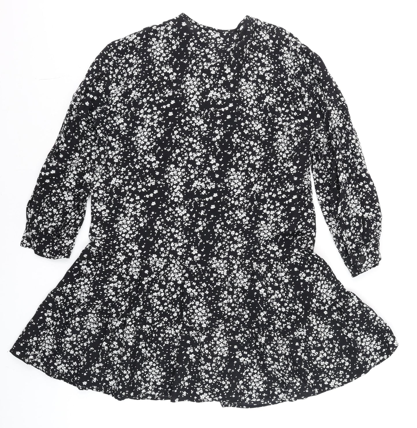 Zara Women Black Floral Tunic Blouse Size 12 with 3/4 Sleeves