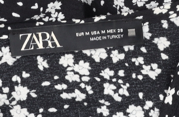 Zara Women Black Floral Tunic Blouse Size 12 with 3/4 Sleeves