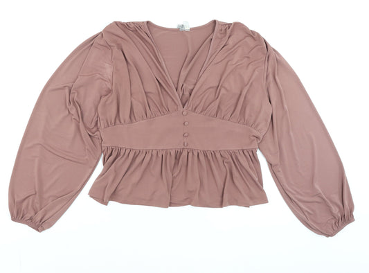 ASOS Women Brown Wrap Blouse Size 18 Long Sleeve Ruffle Button Detail