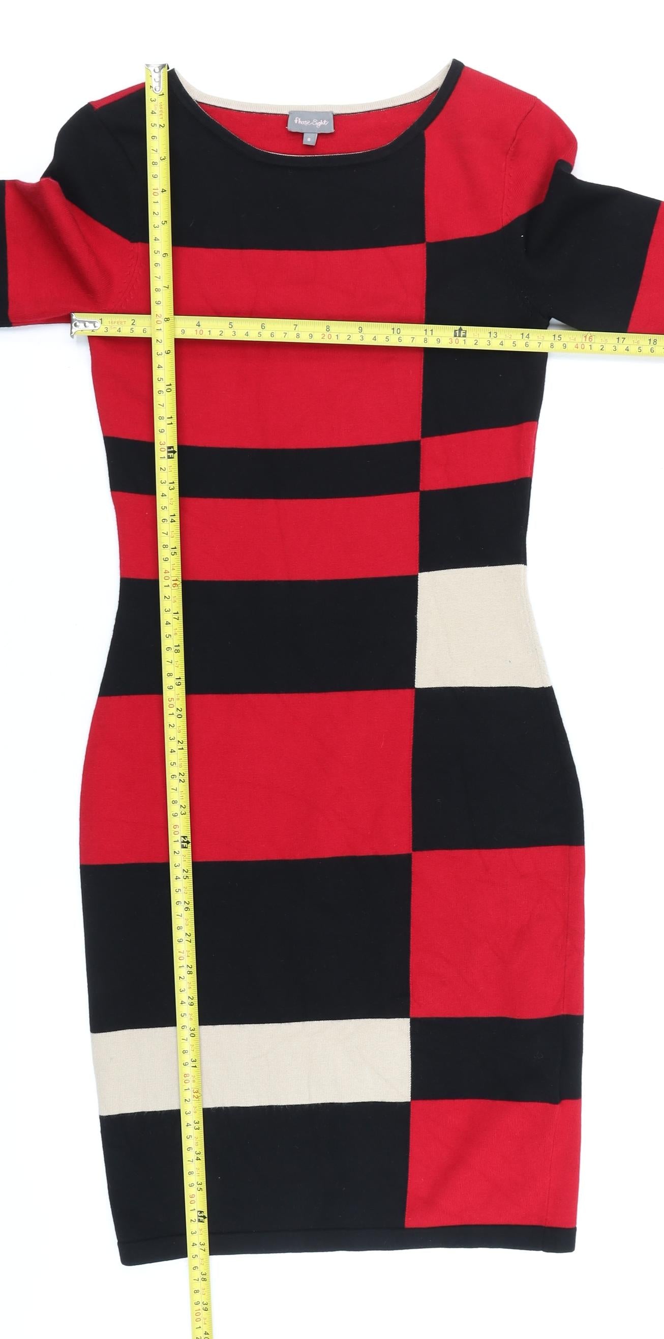 Phase Eight Women Red Black Beige Bodycon Knit Dress Size 8