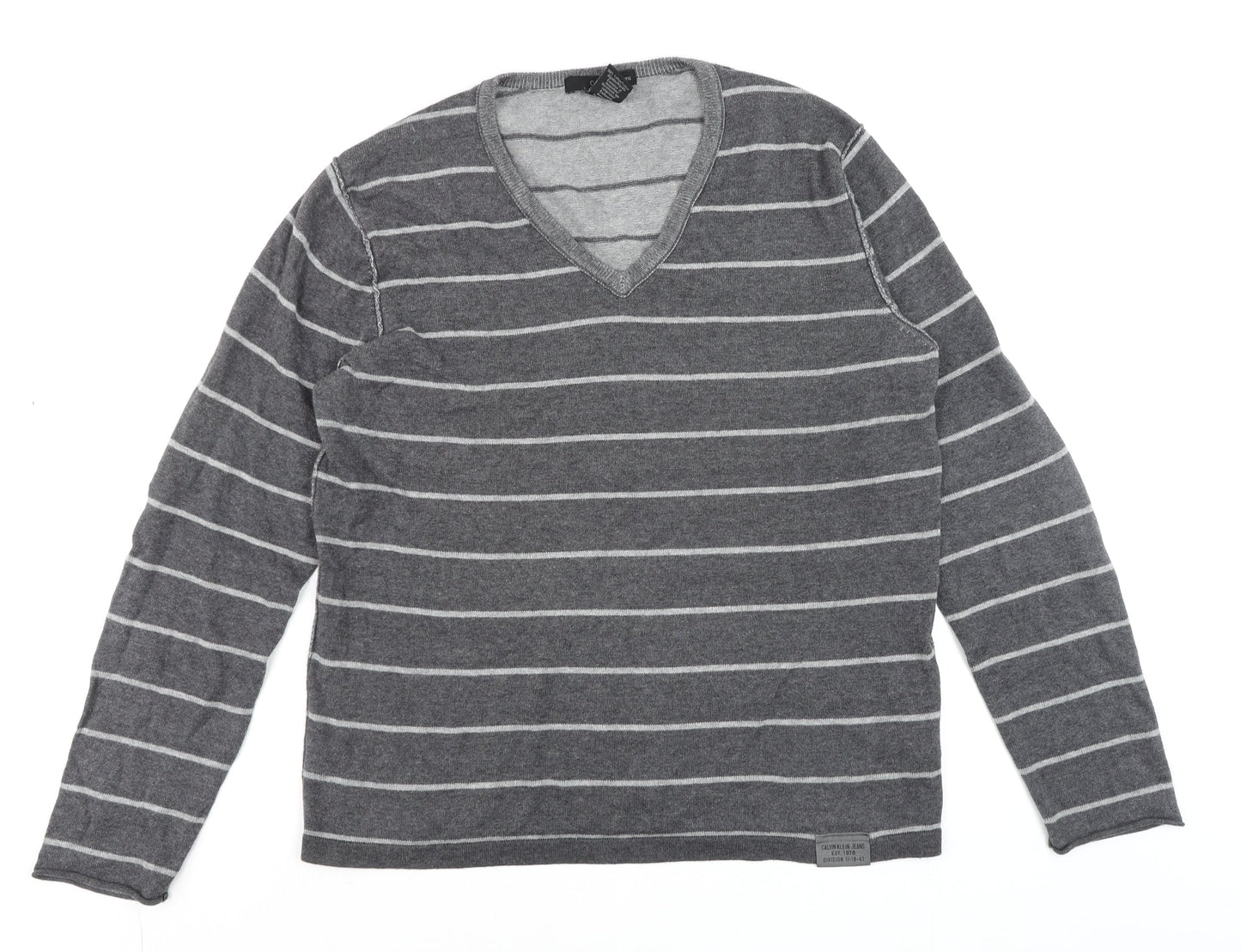 Calvin Klein Jeans Men's Grey Striped V-Neck Cotton Jumper Size M