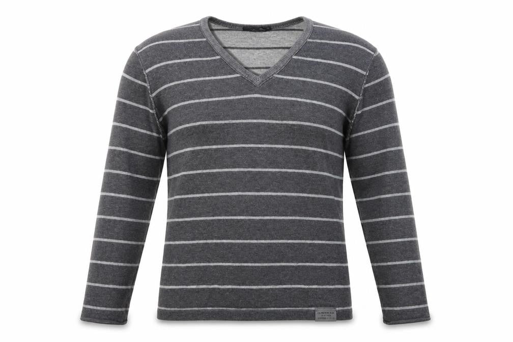 Calvin Klein Jeans Men's Grey Striped V-Neck Cotton Jumper Size M