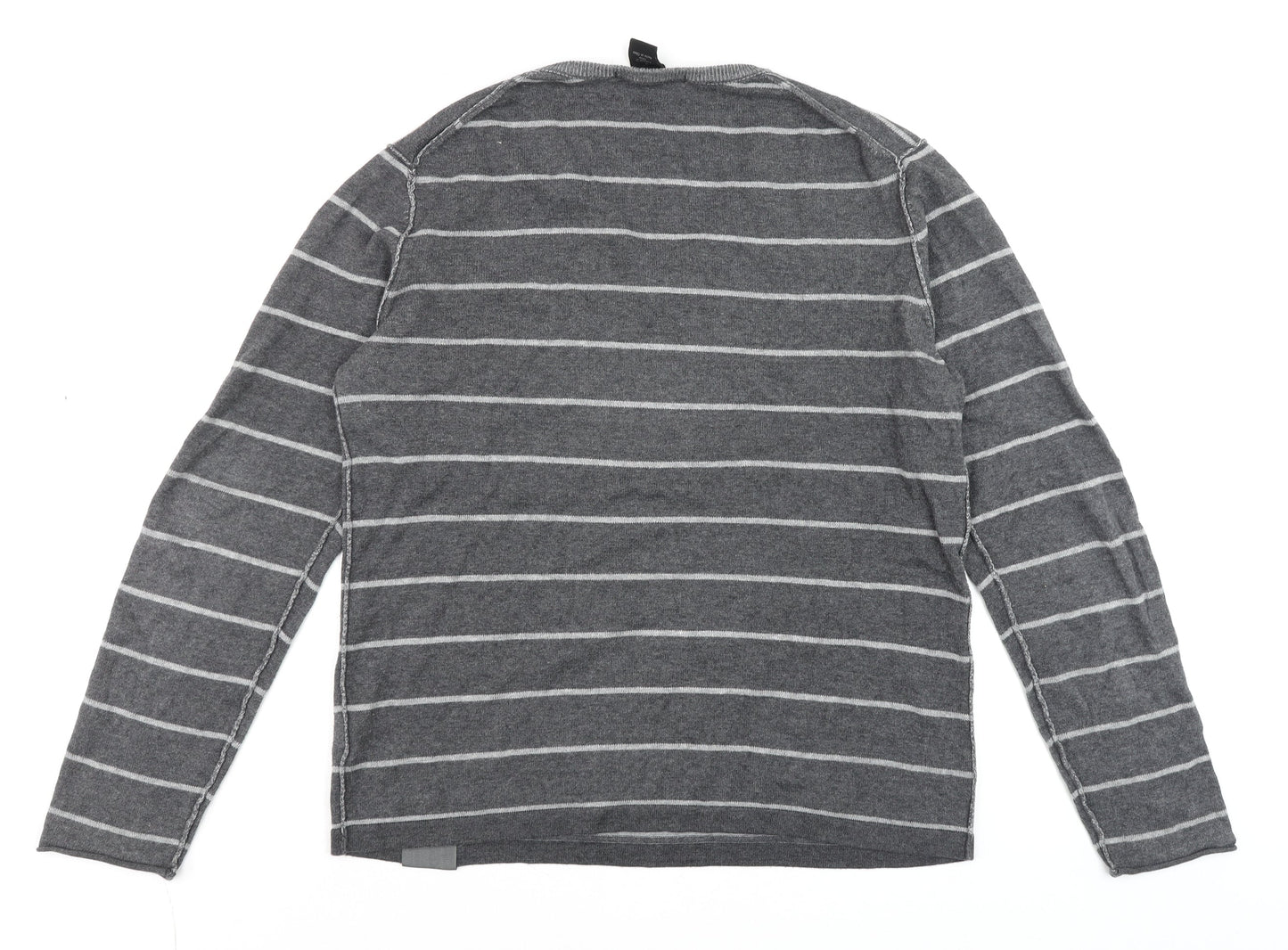 Calvin Klein Jeans Men's Grey Striped V-Neck Cotton Jumper Size M