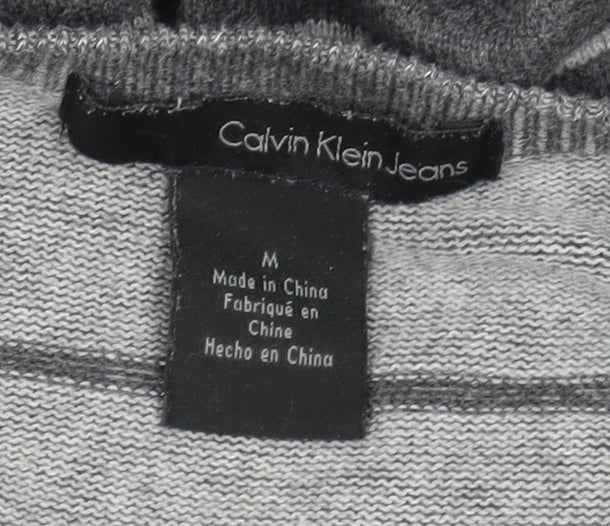 Calvin Klein Jeans Men's Grey Striped V-Neck Cotton Jumper Size M