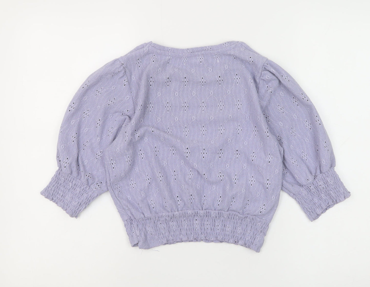 Pull & Bear Women Purple Cropped Blouse M Puff Sleeve Cotton