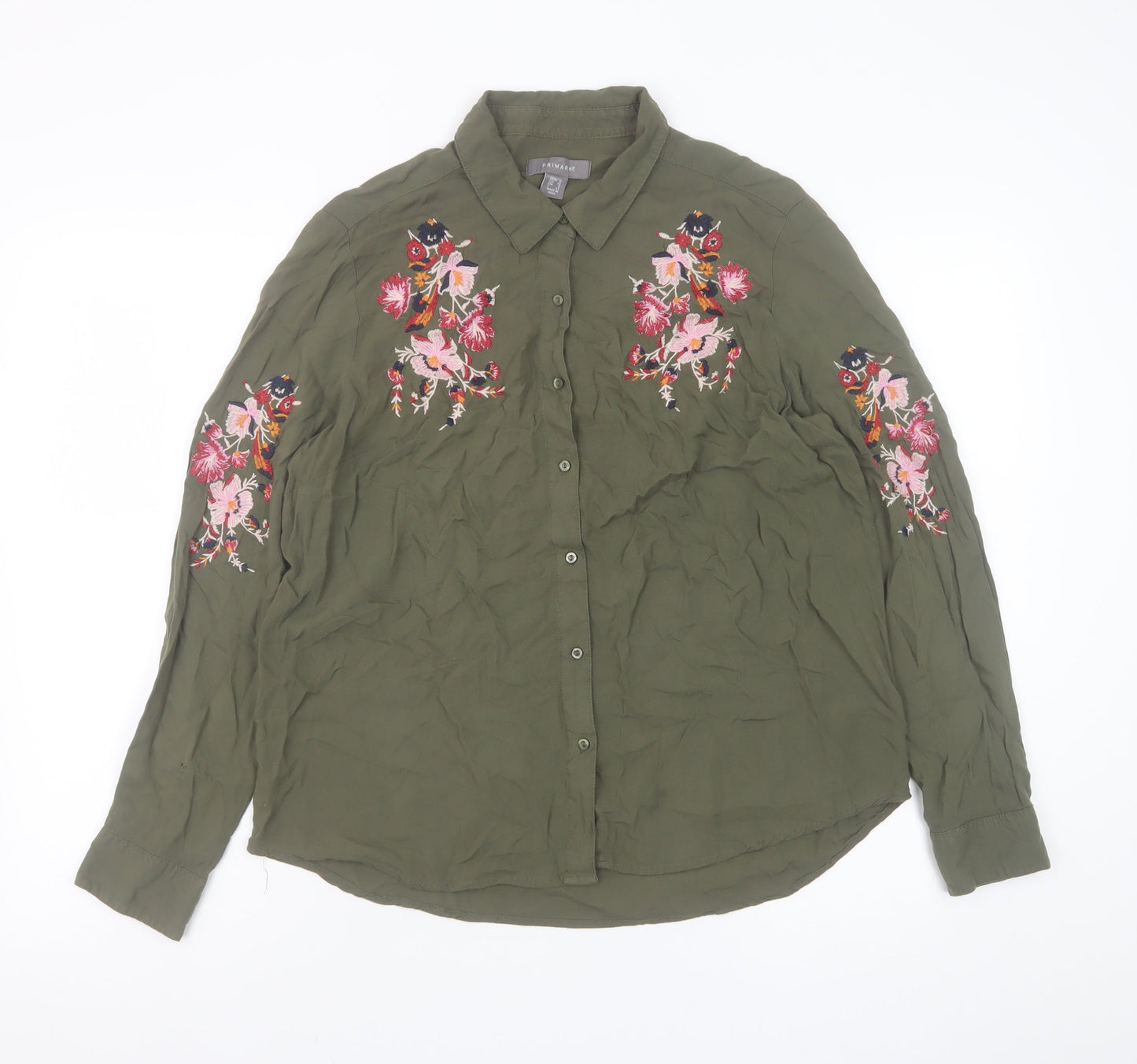 Primark Women Green Embroidered Floral Button-Up Shirt Size 12