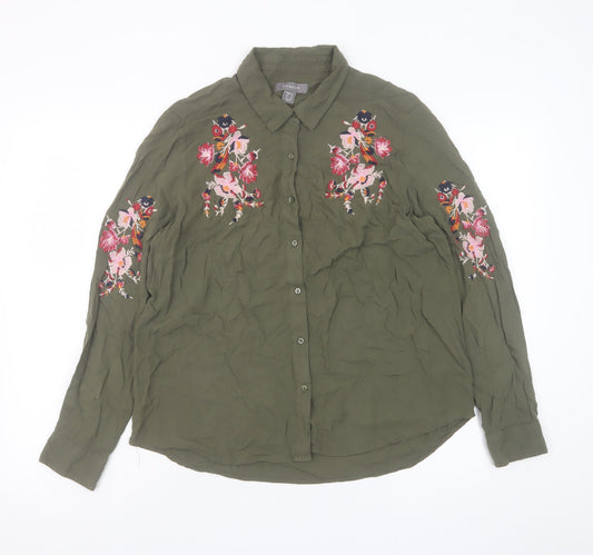 Primark Women Green Embroidered Floral Button-Up Shirt Size 12