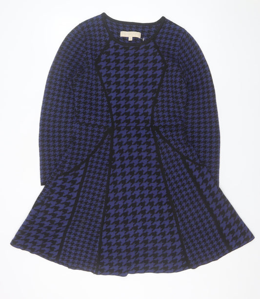 Fenn Wright Manson Women Blue Houndstooth Fit & Flare Knit Dress M