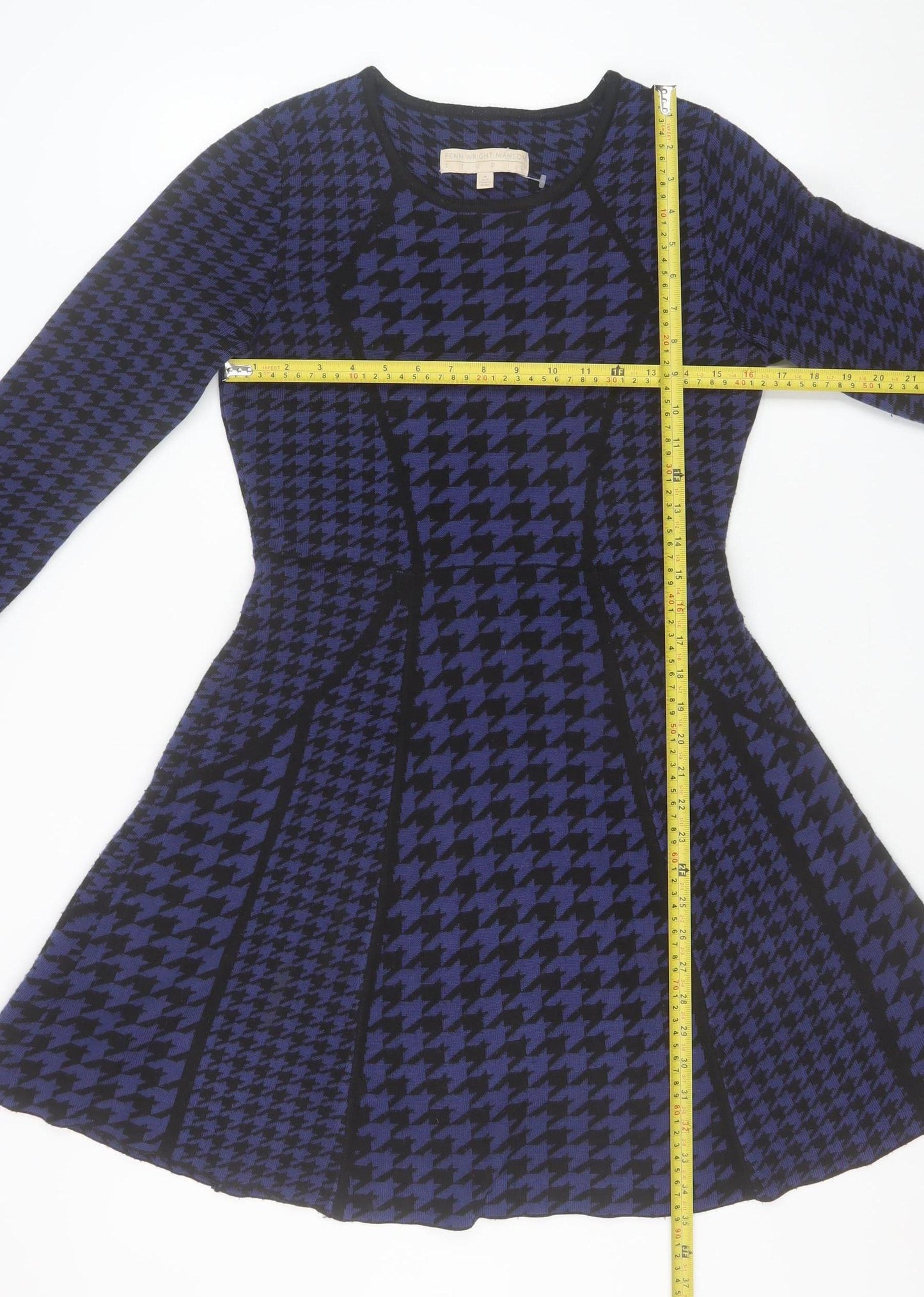 Fenn Wright Manson Women Blue Houndstooth Fit & Flare Knit Dress M