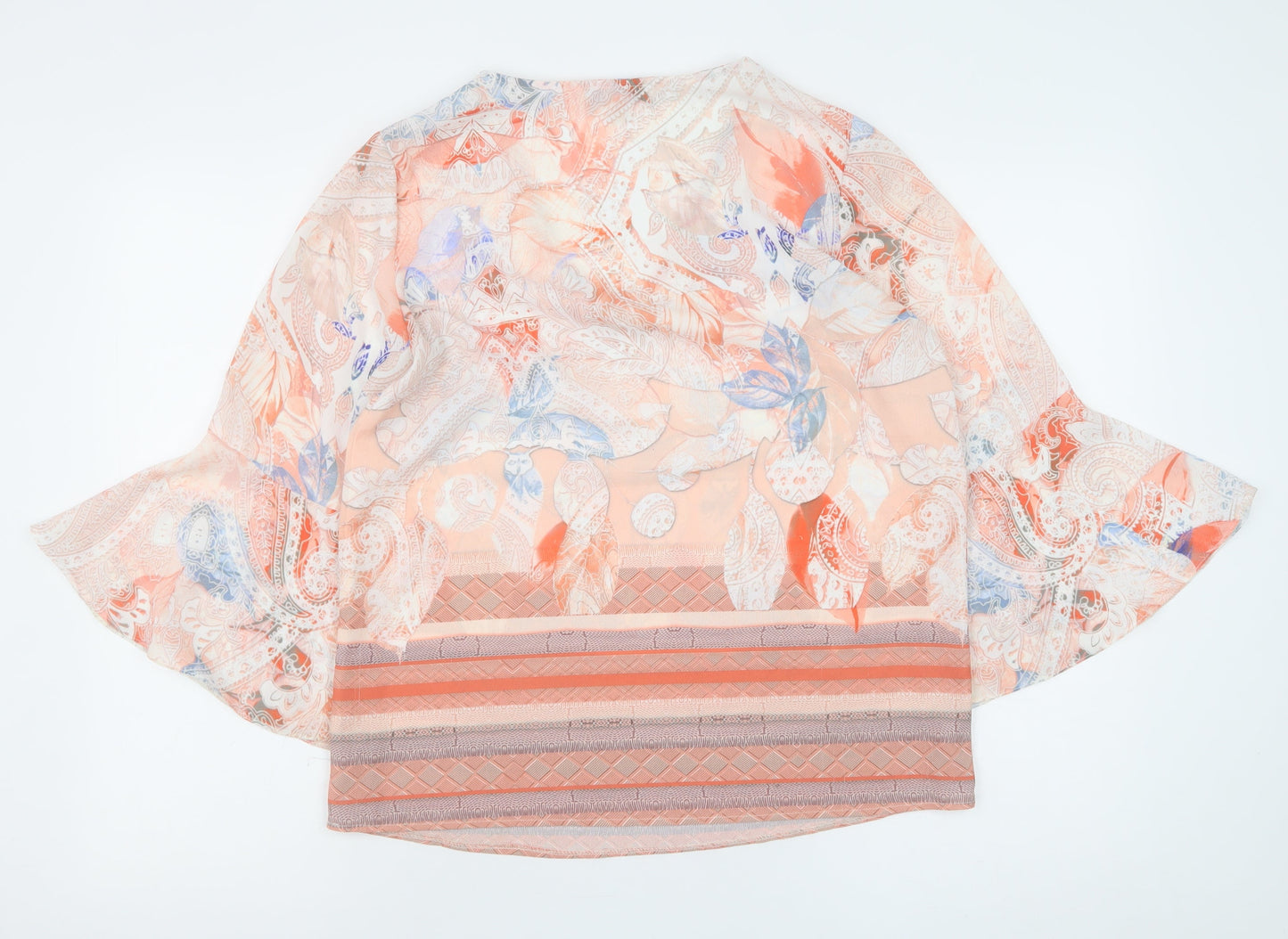 Tinta Style Women’s Peach Floral Chiffon Blouse Size 10 V-Neck Flared Sleeve
