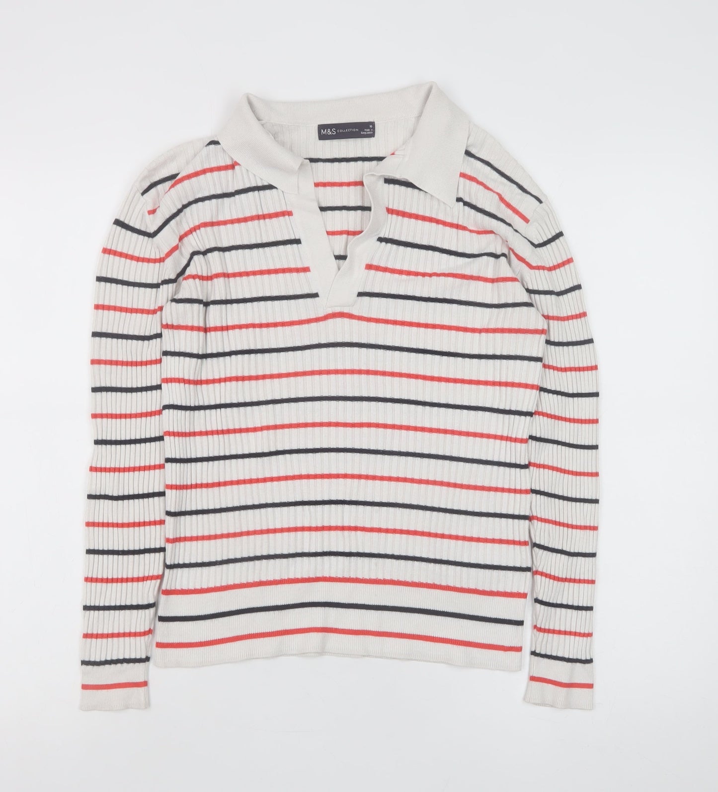 Marks and Spencer Women’s Ivory Striped Collared Knit Jumper Size 10