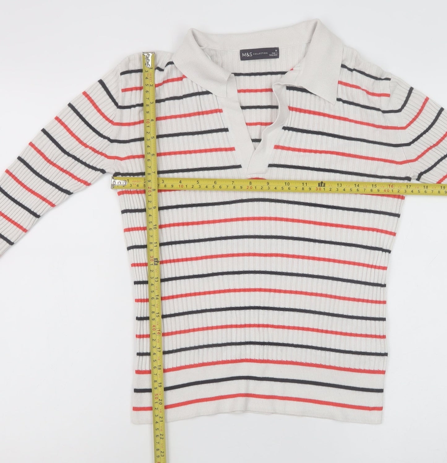 Marks and Spencer Women’s Ivory Striped Collared Knit Jumper Size 10
