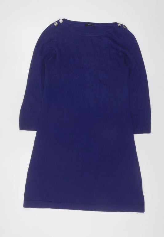 F&F Women Blue Knit Shift Dress Size 10 3/4 Sleeve Button Detail