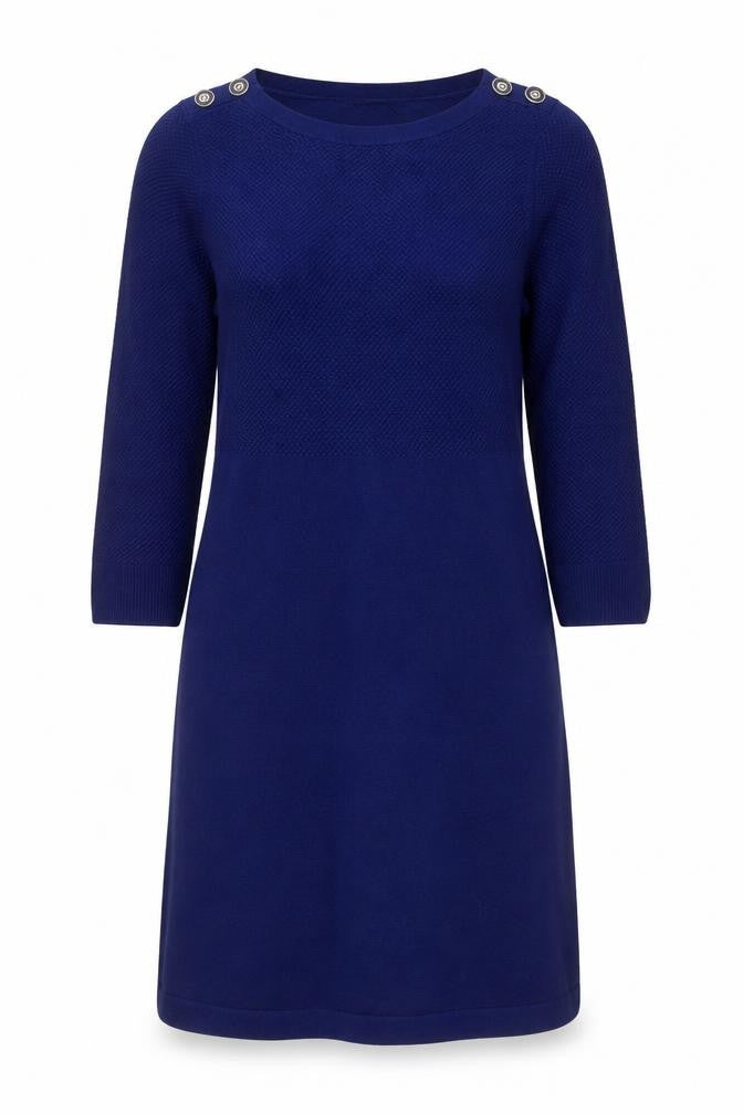 F&F Women Blue Knit Shift Dress Size 10 3/4 Sleeve Button Detail