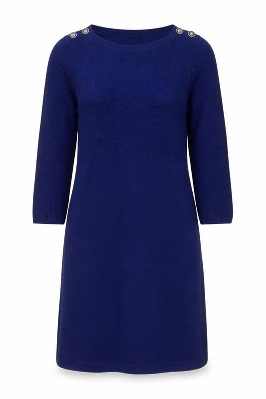 F&F Women Blue Knit Shift Dress Size 10 3/4 Sleeve Button Detail