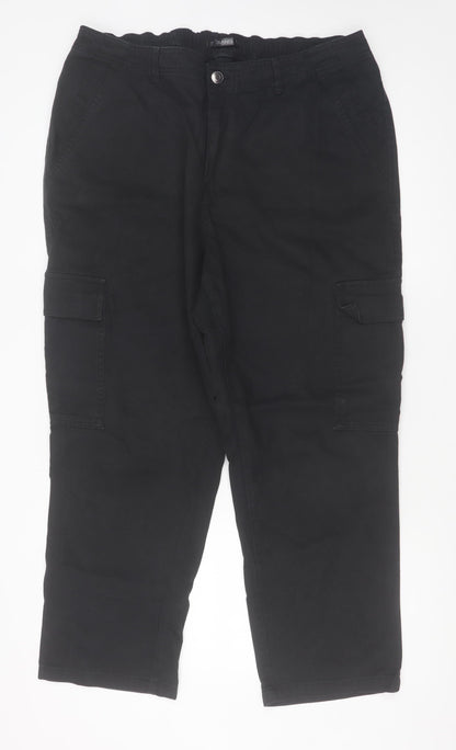 Additional front view of Dunnes women’s black cargo trousers, size UK 18, regular cotton straight leg