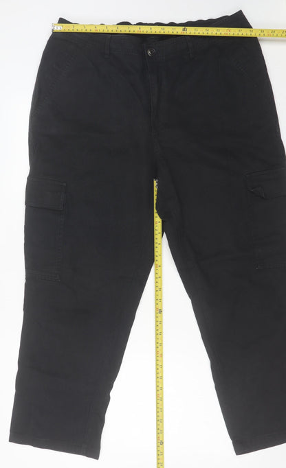 Back view of Dunnes women’s black cargo trousers, size UK 18, regular cotton straight leg