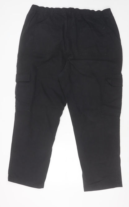 Close-up detail of Dunnes women’s black cargo trousers, size UK 18, regular cotton straight leg